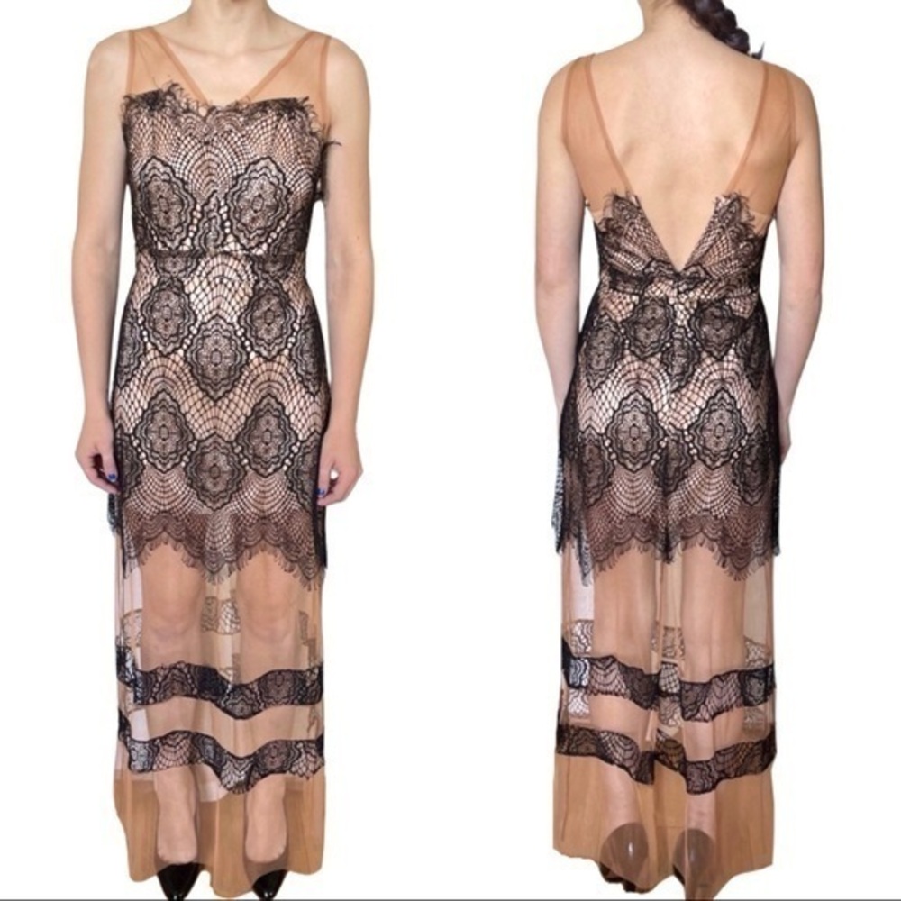 Illusion Mesh & Lace Black & Nude Max Flowy Boho V Neck Tiered Raw Hem Dress